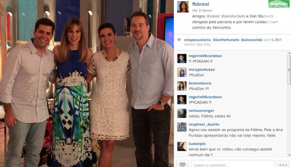 No Instagram, Fátima também agradeceu ao ator Dan Stulbach e aos apresentadores Lair Renó e Ana Furtado pela cobertura de suas férias no programa