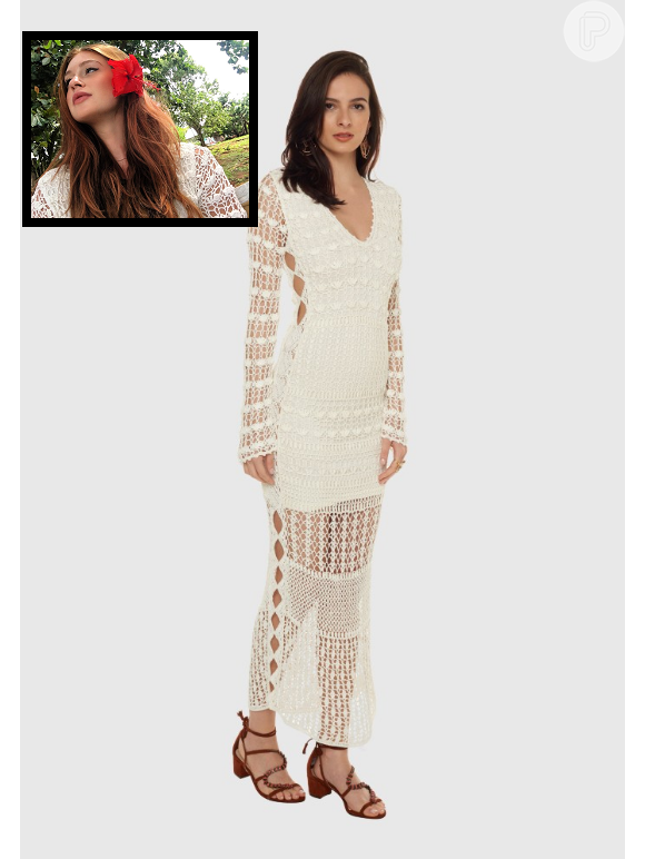 O vestido branco usado por Marina Ruy Barbosa em Noronha no dia 3 de janeiro de 2017 é da Bo.Bô e está à venda no site da marca por R$ 1.998,00. A atriz usou a peça de tricot no último café-da-manhã da viagem