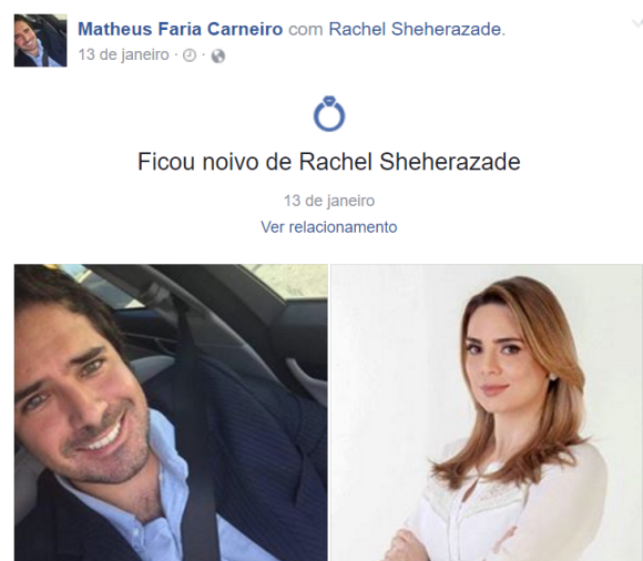 Rachel Sheherazade está noiva do tabelião mineiro Matheus Faria Carneiro