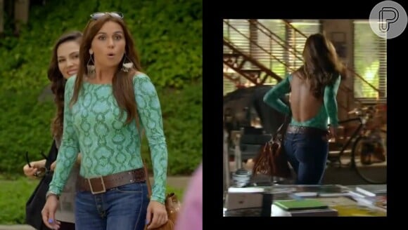 Clara (Giovanna Antonelli) usa o body com jeans e maxibrinco