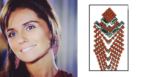 O brinco pirâmide invertida trabalhado com strass na cor coral de Clara (Giovanna Antonelli) também é da Pri Schiavinato