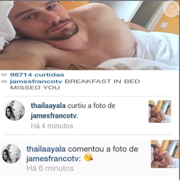 Thaila Ayala comenta foto que James Franco postou. 'Café da manhã na cama. Sinto sua falta', escreveu ele