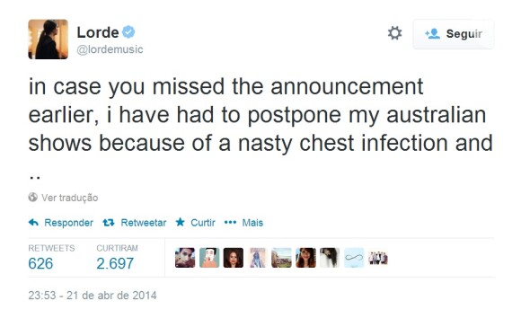Lorde anunciou o cancelamento da turnê pelo Twitter: 'Desagradável'