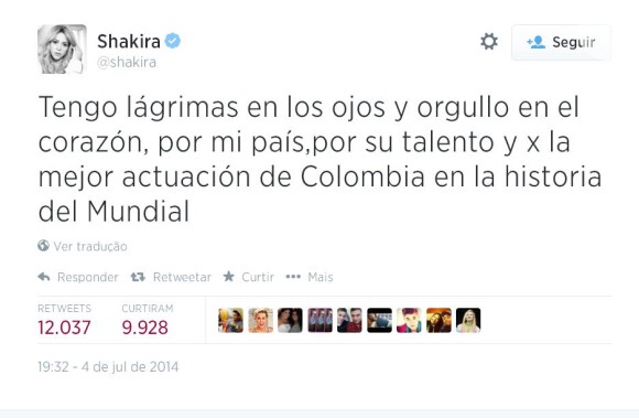 Shakira posta mensagem em seu Twitter após eliminação da Colômbia