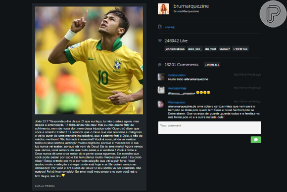 Bruna Marquezine escreveu uma mensagem para o namorado, Neymar, em sua conta do Instagram na noite deste sábado, 5 de julho de 2014: 'A ficha não caiu'