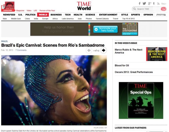 Sabrina Sato é destaque da revista norte-americana 'Time', como uma das musas do Carnaval do Brasil, em 12 de fevereiro de 2013