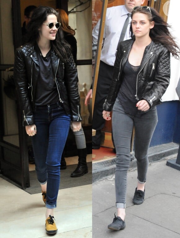 Kristen Stewart tem na sua jaqueta preta uma peça-xodó. A atriz a repete com diferentes combinações