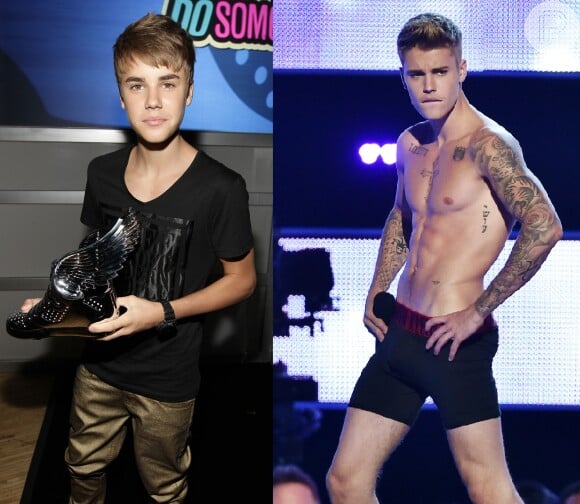 Justin Bieber começou a carreira bem magrinho e agora o cantor está cheio de músculos