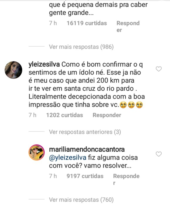 Marília Mendonça também respondeu uma fã que se afirmou decepcionada com ela