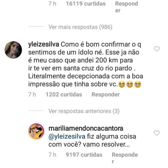 Marília Mendonça também respondeu uma fã que se afirmou decepcionada com ela