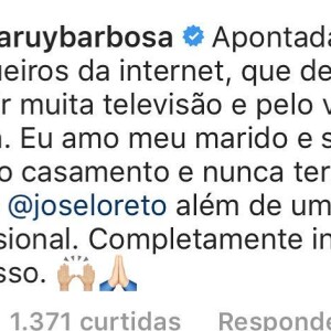 Marina Ruy Barbosa comenta no Instagram que é muito feliz no casamento e nega qualquer envolvimento com José Loreto.
