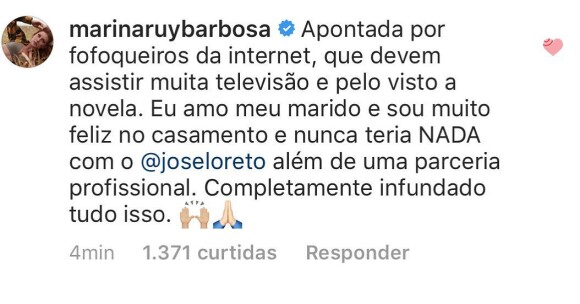 Marina Ruy Barbosa comenta no Instagram que é muito feliz no casamento e nega qualquer envolvimento com José Loreto.