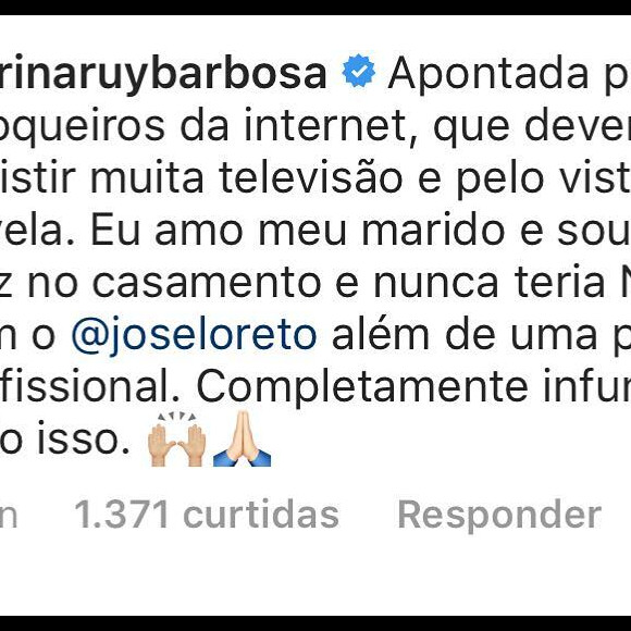 Marina Ruy Barbosa comenta no Instagram que é muito feliz no casamento e nega qualquer envolvimento com José Loreto.