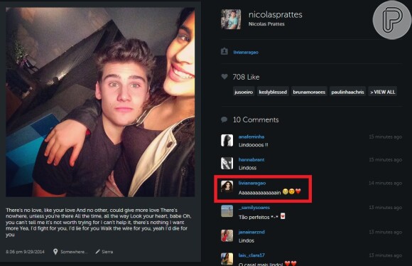 Lívian Aragão comentou na declaração de amor que o namorado, Nicolas Prattes, postou no Instagram: 'Ain'