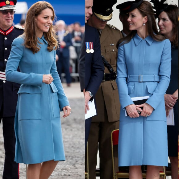 Casaco azul Alexander McQueen foi usado por Kate Middleton em 4 ocasiões: duas vezes em 2014, depois em 2016 e finalmente em 2019