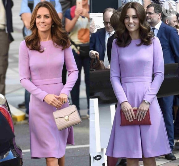 Kate Middleton usou vestido lilás Emilia Wickstead em julho de 2017 e outubro de 2018