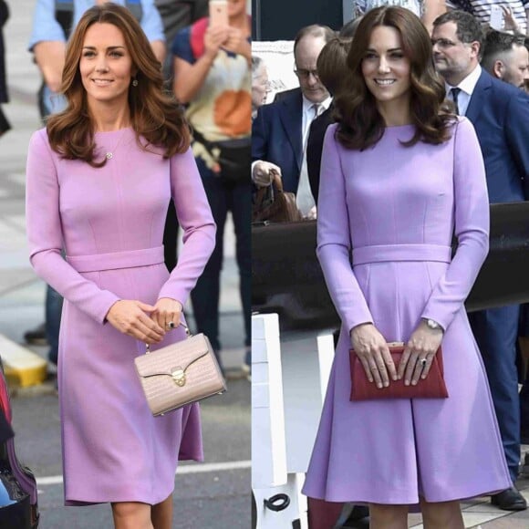 Kate Middleton usou vestido lilás Emilia Wickstead em julho de 2017 e outubro de 2018