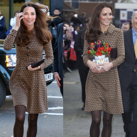 Kate Middleton usou trench coat Orla Kiely em 2012 e 2013 em diferentes eventos