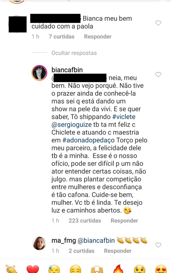 Paolla Oliveira é elogiada por Bianca Bin