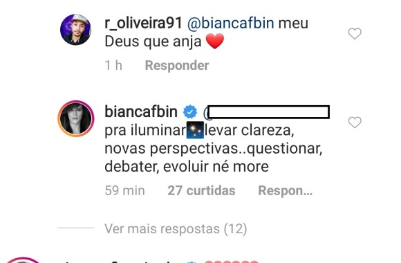 Bianca Bin rebate comentário sobre responder apenas críticas na web