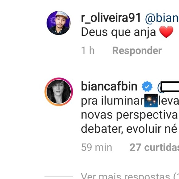 Bianca Bin rebate comentário sobre responder apenas críticas na web