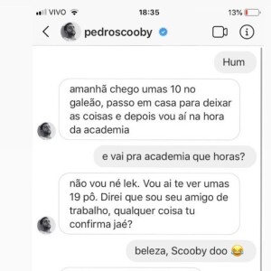Jornalista mostra print de suposta conversa com Pedro Scooby nesta quinta-feira, dia 19 de setembro de 2019