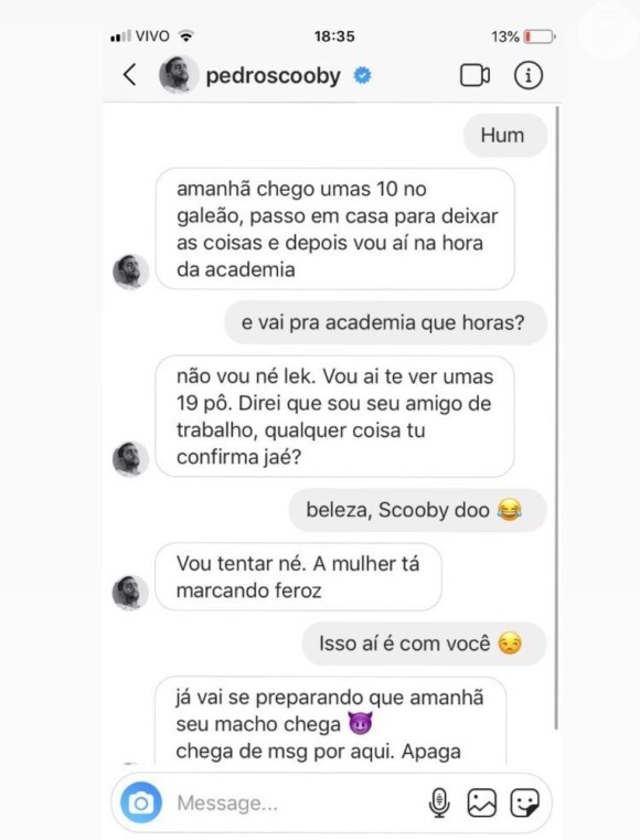 Jornalista mostra print de suposta conversa com Pedro Scooby nesta quinta-feira, dia 19 de setembro de 2019