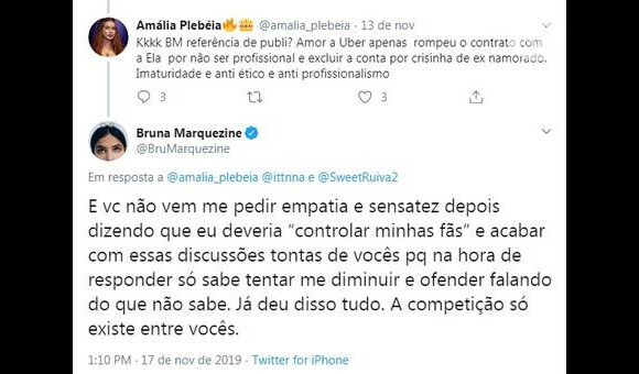 Bruna Marquezine responde fã de Marina Ruy Barbosa no Twitter neste domingo, dia 17 de novembro de 2019