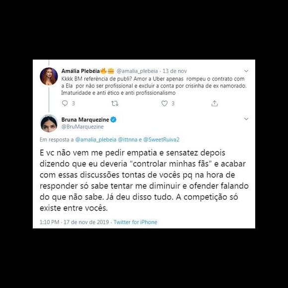 Bruna Marquezine responde fã de Marina Ruy Barbosa no Twitter neste domingo, dia 17 de novembro de 2019