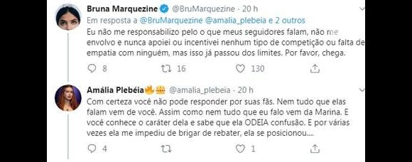 Bruna Marquezine lamenta polêmicas com fã de Marina Ruy Barbosa no Twitter neste domingo, dia 17 de novembro de 2019