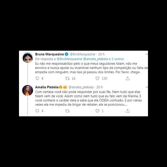 Bruna Marquezine lamenta polêmicas com fã de Marina Ruy Barbosa no Twitter neste domingo, dia 17 de novembro de 2019