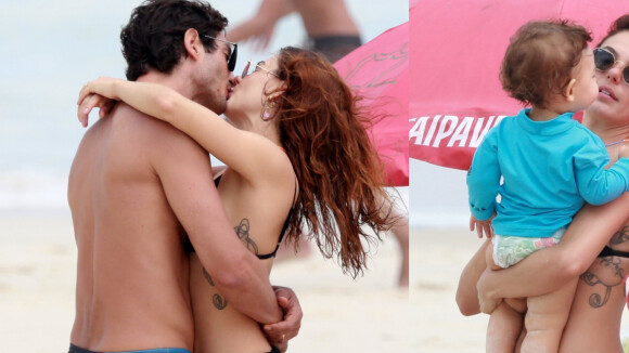 Família praiana! Isis Valverde beija marido e curte filho à beira-mar. Fotos!