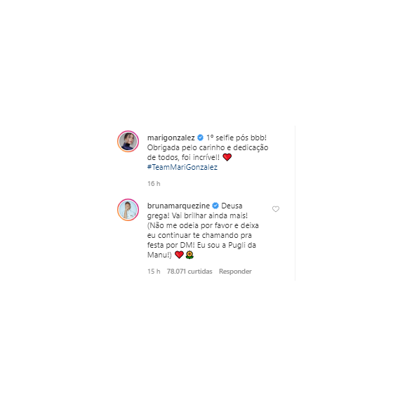 Bruna Marquezine comenta em foto de Mari Gonzalez