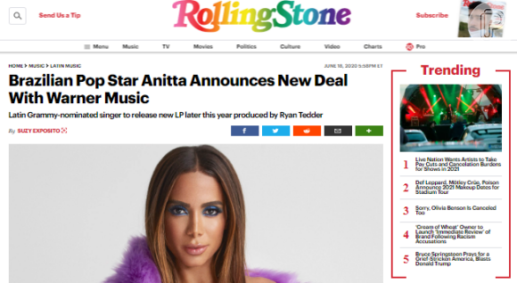 Anitta aparece em destaque na imprensa internacional após anúncio de CD nos EUA