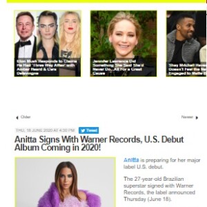 A cantora Anitta foi destaque na imprensa internacional, como no 'Just Jared'