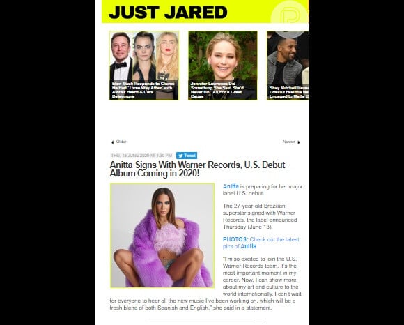 A cantora Anitta foi destaque na imprensa internacional, como no 'Just Jared'