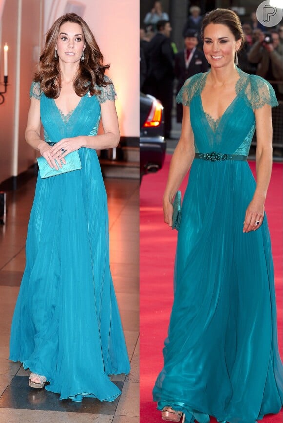 Kate Middleton repetiu look em tapete vermelho: o longo da marca Jenny foi usado em 2018 e em 2012