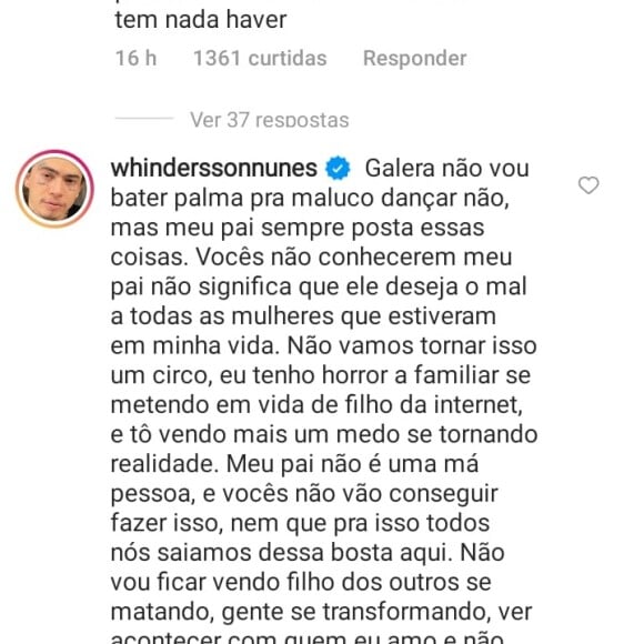 Pai de Whindersson Nunes explica que sequer sabia que o filho e a ex-nora postariam sobre o término