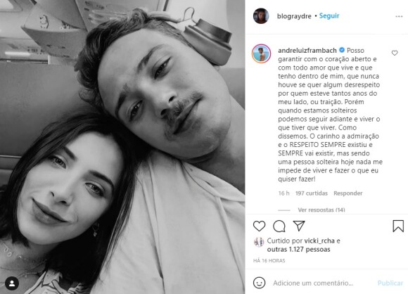André Luiz Frambach afastou traição a ex-namorada Rayssa Bratillieri ao comentar postagem de fã-clube dedicado ao ex-casal