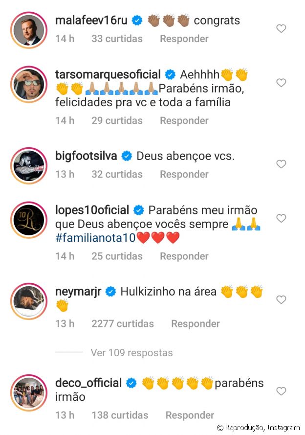 Hulk anunciou terá mais um filho e Neymar Jr. reagiu ao post do jogador