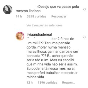 Lívia Andrade rebate seguidora e cita que Pétala teria pensão 'gorda'