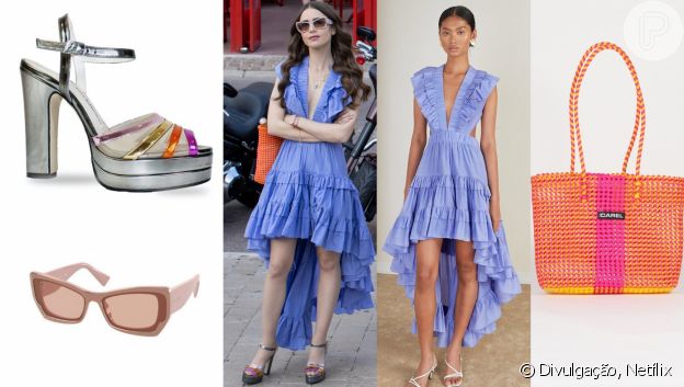 Detalhes do look com vestido azul em 'Emily in Paris 2'