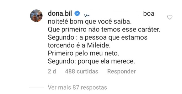 Dona Bil declara torcida à ex de Safadão pelo Instagram