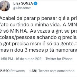 Luísa Sonza desabafa no Twitter e afirma que não dá 'três meses' para voltar a namorar