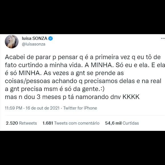 Luísa Sonza usa Twitter para desabafar e admite que pode namorar em menos de três meses