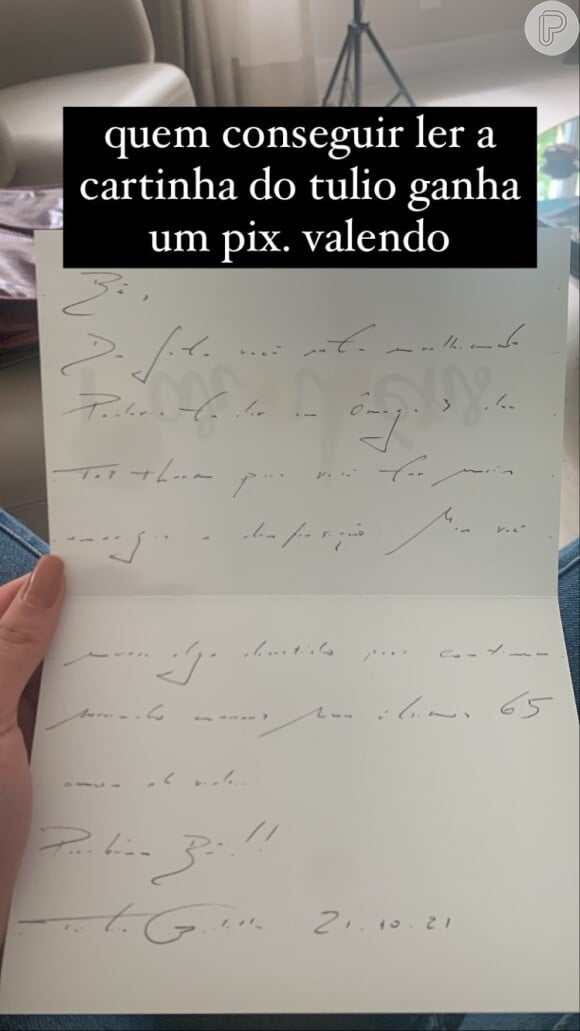 Túlio Gadêlha deu cartinha de homenagem para Beatriz, filha de Fátima Bernardes e William Bonner: 'Quem conseguir ler ganha um pix'