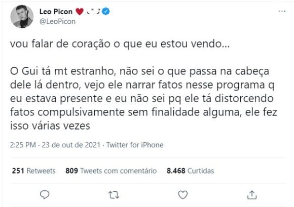 Leo Picon falou sobre a revelação de Gui Araújo em seu Twitter