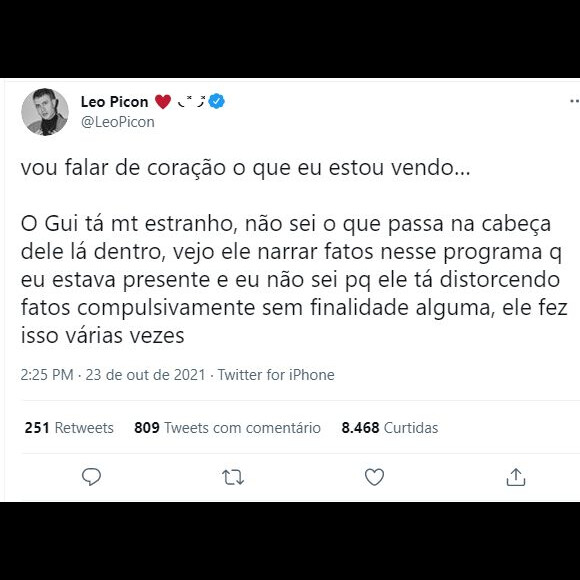 Leo Picon falou sobre a revelação de Gui Araújo em seu Twitter