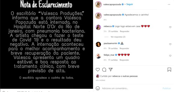 Equipe de Valesca Popozuda anunciou a internação nas redes sociais
