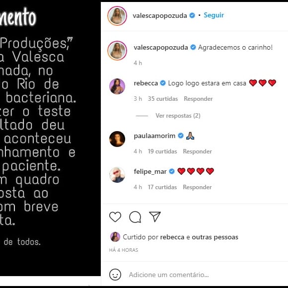 Equipe de Valesca Popozuda anunciou a internação nas redes sociais